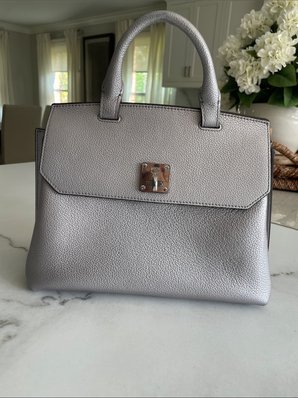 Structured Metallic Silver Satchel Handbag with Top Handles